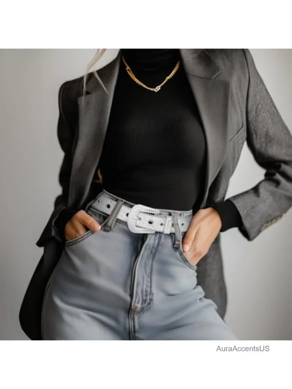 Rhinestone Sequin Buckle Statement Belt for Women Y2K Bling